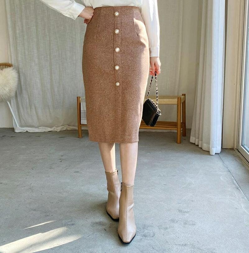 パールポイントスカート・全2色・b61982 レディース 【sk】【韓国 ファッション ボトムス スカート ロング ミモレ丈 スリム 細身 タイトスカート ペンシルスカート 大人 上品 フェミニン エレガント きれいめ カジュアル 秋 冬】