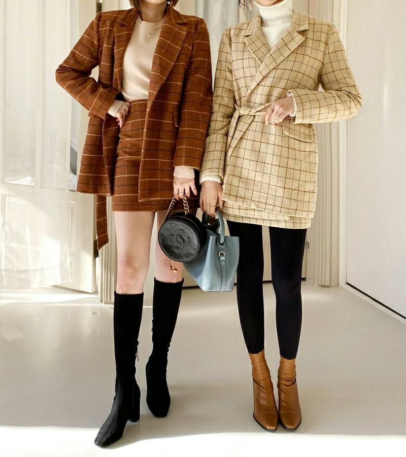 【只今10%OFF】ストラップ付チェックジャケット&ミニスカートSET・全2色・t61980 レディース 【jk】【韓国 ファッション セットアップ アウター ジャケット カラー テーラード 長袖 ルーズ ゆったり ストレート スカート ミニ ショート 台型 Hライン カジュアル 秋 冬】
