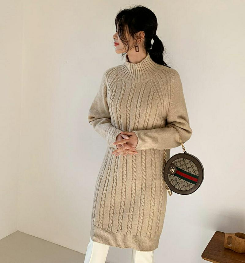 【只今10%OFF】ツイストニットワンピース・全4色・t61967 レディース 【ops】【韓国 ファッション ワンピース ミディ ミディアム ミドル 膝丈 ハイネック ハーフネック 長袖 ニット スリム 細身 Hライン ケーブルニット カジュアル 秋 冬】