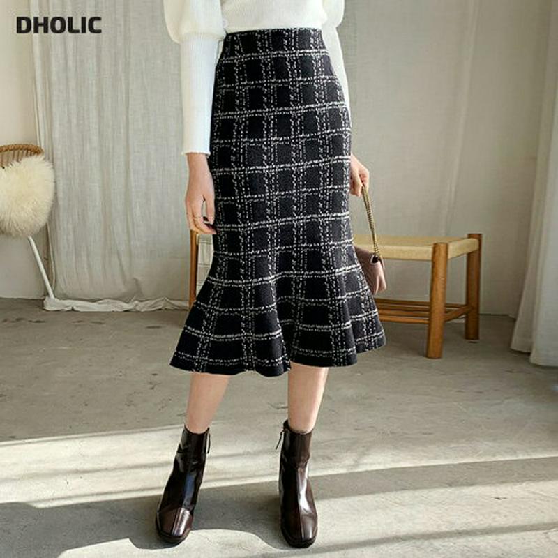 ニットチェックマーメイドスカート・全2色・e61981 レディース 【sk】【韓国 ファッション ボトムス スカート ロング ミモレ丈 スリム 細身 タイト マーメイド 大人 上品 フェミニン ニット エレガント カジュアル 秋 冬】