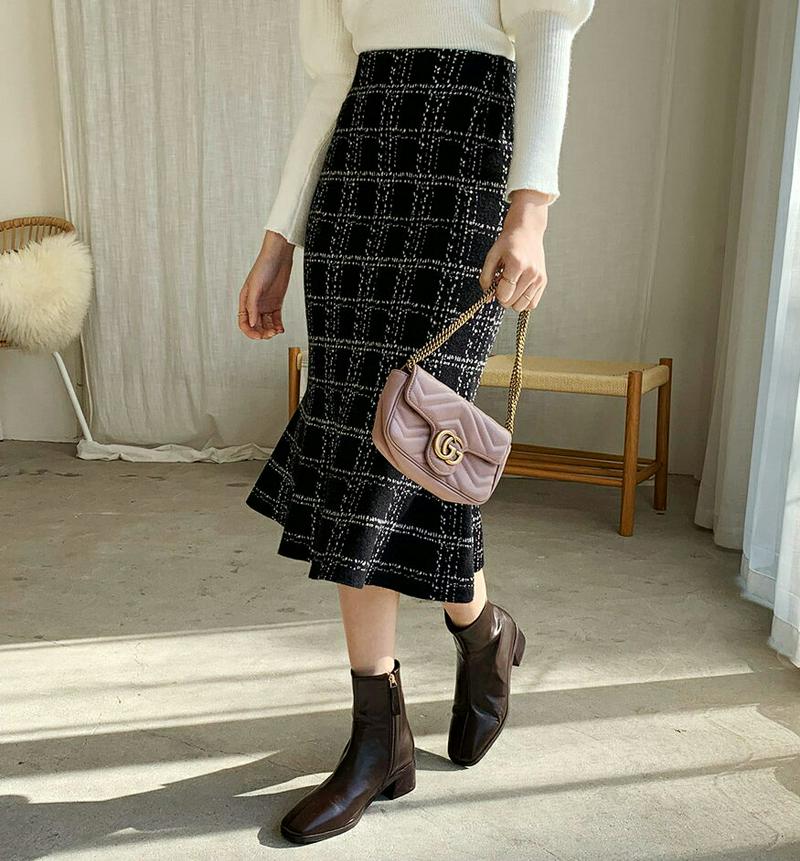ニットチェックマーメイドスカート・全2色・e61981 レディース 【sk】【韓国 ファッション ボトムス スカート ロング ミモレ丈 スリム 細身 タイト マーメイド 大人 上品 フェミニン ニット エレガント カジュアル 秋 冬】
