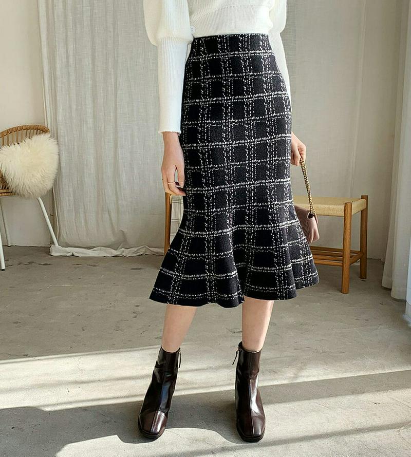 ニットチェックマーメイドスカート・全2色・e61981 レディース 【sk】【韓国 ファッション ボトムス スカート ロング ミモレ丈 スリム 細身 タイト マーメイド 大人 上品 フェミニン ニット エレガント カジュアル 秋 冬】