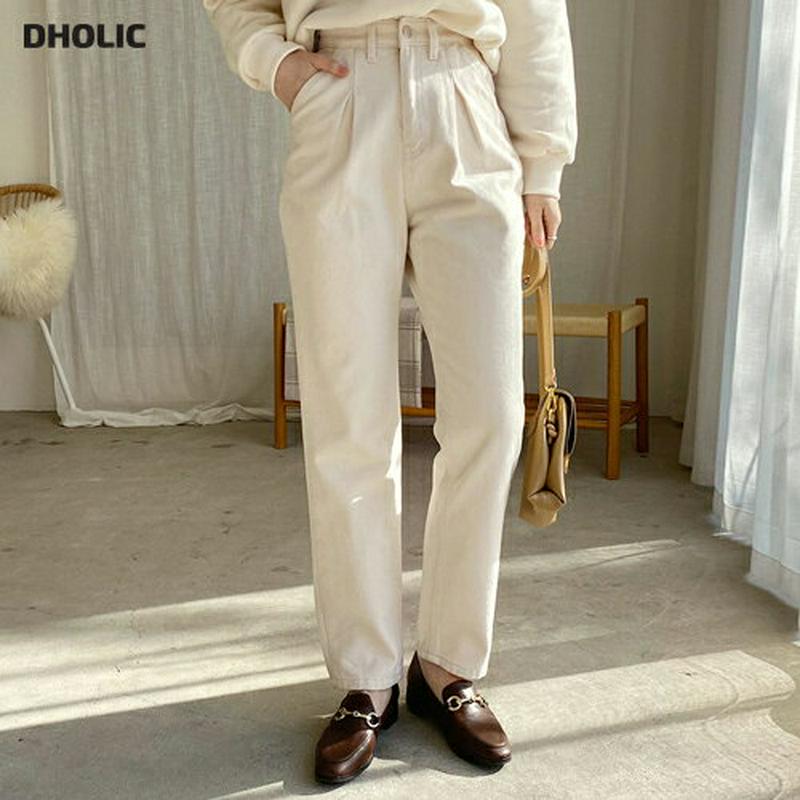 裏起毛ストレートタックパンツ・全2色・t61990 レディース 【pt】 韓国ファッション ボトムス パンツ ロング フルレングス 10分丈 十分丈 ワンタック ハイウエスト ストレート コットン100 無地 ビンテージ レトロ カジュアル 秋 冬