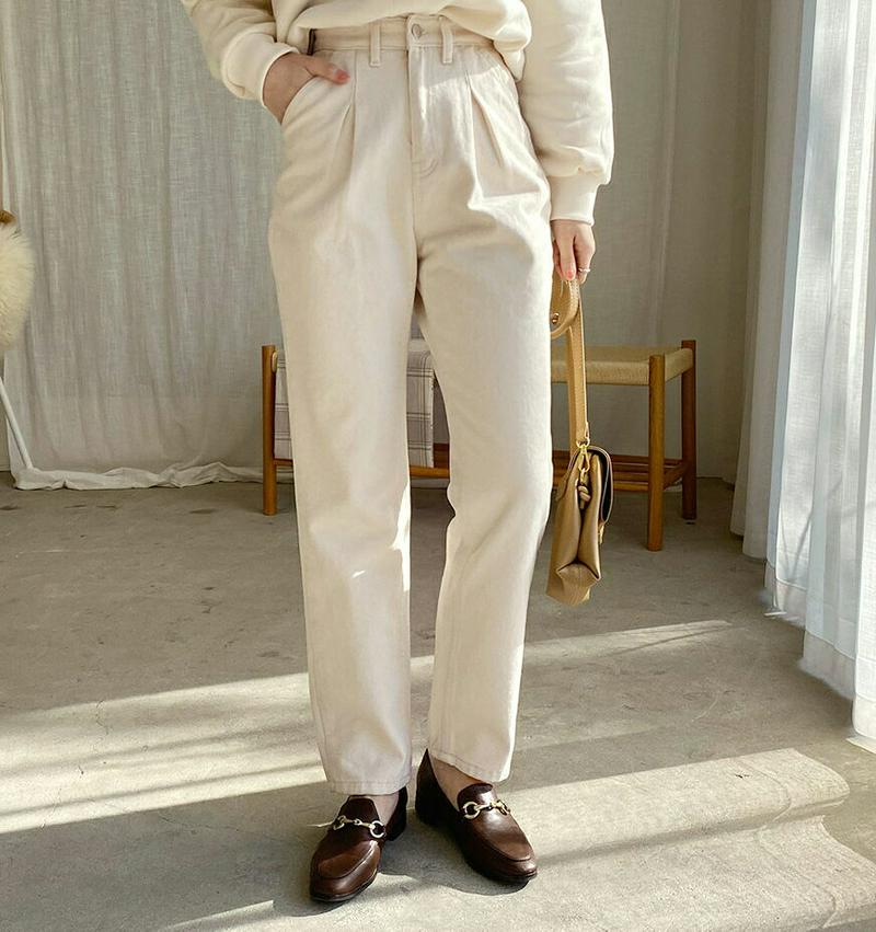 裏起毛ストレートタックパンツ・全2色・t61990 レディース 【pt】 韓国ファッション ボトムス パンツ ロング フルレングス 10分丈 十分丈 ワンタック ハイウエスト ストレート コットン100 無地 ビンテージ レトロ カジュアル 秋 冬