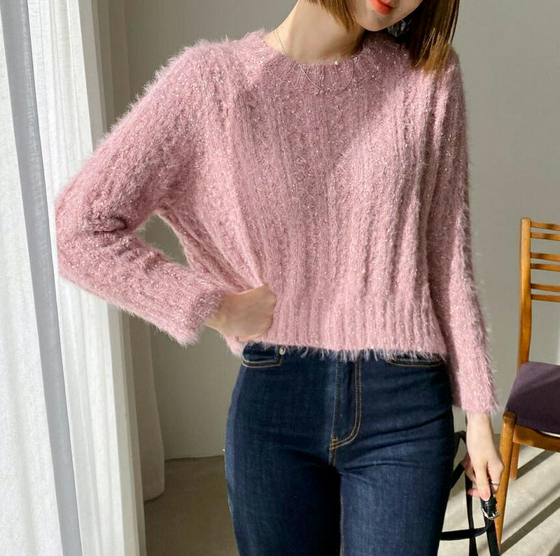 【只今10%OFF】ソフトグリッターニット・全3色・b61973 レディース 【tops】【韓国 ファッション トップス ニット ラウンドネック ショート クロップド 長袖 ブークレ シャギー ふわふわ 毛羽立ち かわいい ツイストニット カジュアル 秋 冬】