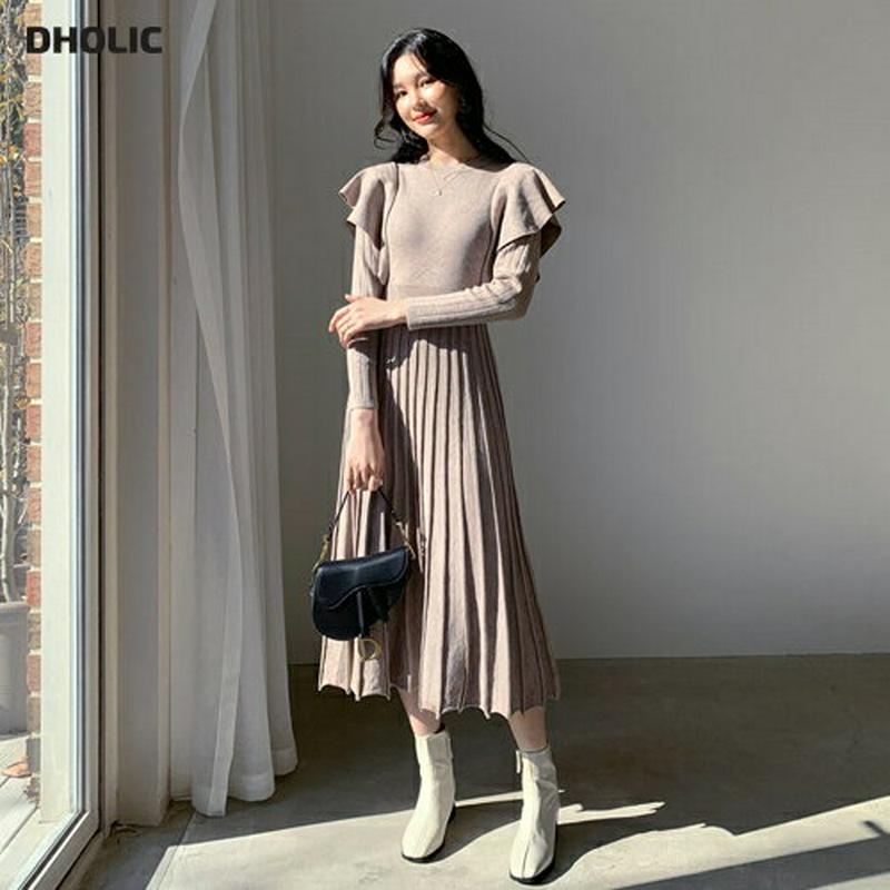 【只今10%OFF】フリルニットワンピース・全2色・t61966 レディース 【ops】【韓国 ファッション ワンピース ロング ラウンドネック 長袖 フレア Aライン フリルスリーブ 袖コンシャス スリム 細身 ニット 無地 上品 大人 カジュアル 秋 冬】