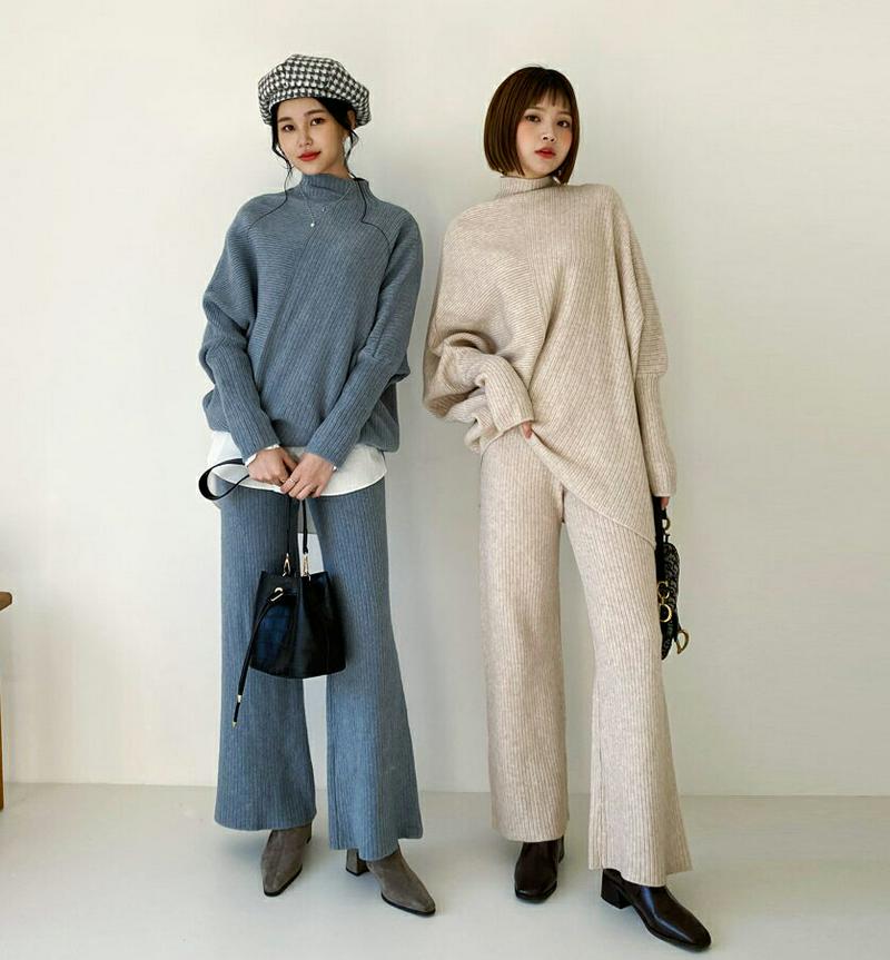 【只今10%OFF】リブアンバランスニット&パンツSET・全3色・b61977 レディース 【pt】【韓国 ファッション セットアップ ニット モックネック ハーフネック 長袖 ルーズ ゆったり オーバーサイズ ロング ドルマンスリーブ パンツ ワイド ストレート カジュアル 秋 冬】