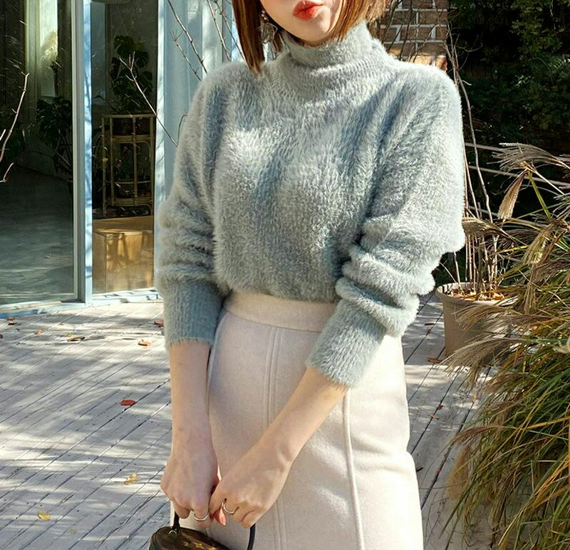 【只今10%OFF】ソフトルーズタートルニット・全3色・b61959 レディース 【tops】【韓国 ファッション トップス ニット ラウンドネック ショート クロップド 長袖 ブークレ シャギー ふわふわ 毛羽立ち かわいい パステルカラー カジュアル 秋 冬】