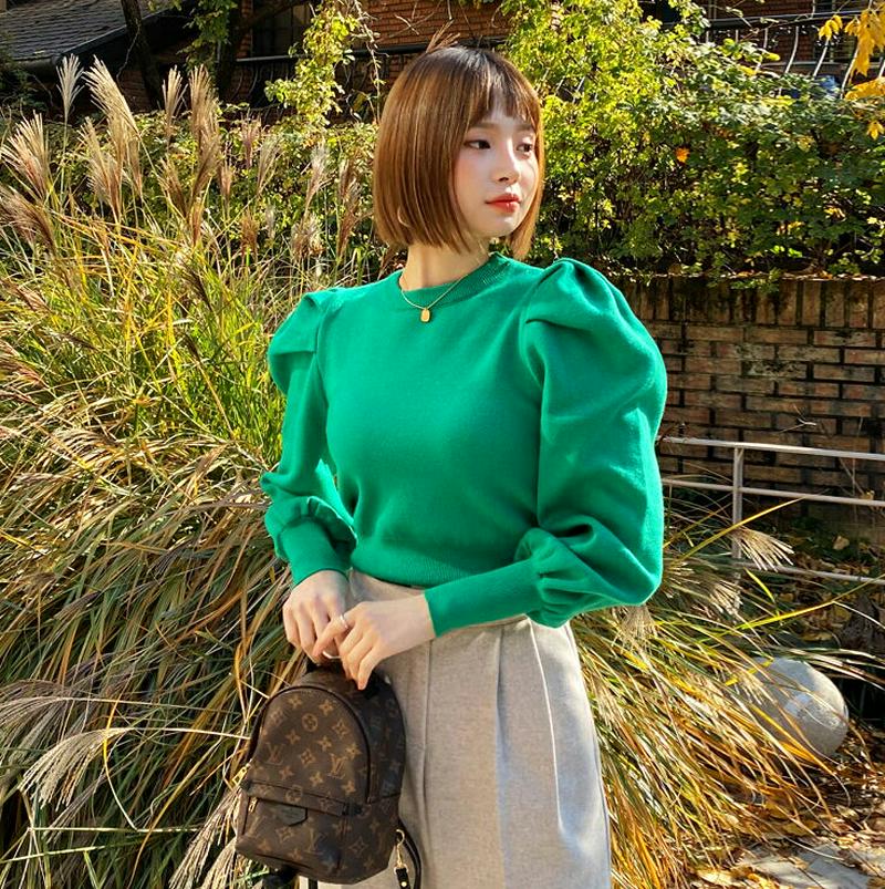 ソフトパフニット・全3色・t61962 レディース 【tops】【韓国 ファッション トップス ニット ラウンドネック 長袖 パフスリーブ ぼわん袖 ボリューム袖 ハイゲージ 上品 大人 高見え エレガント スリム 細身 きれいめ カジュアル 秋 冬】