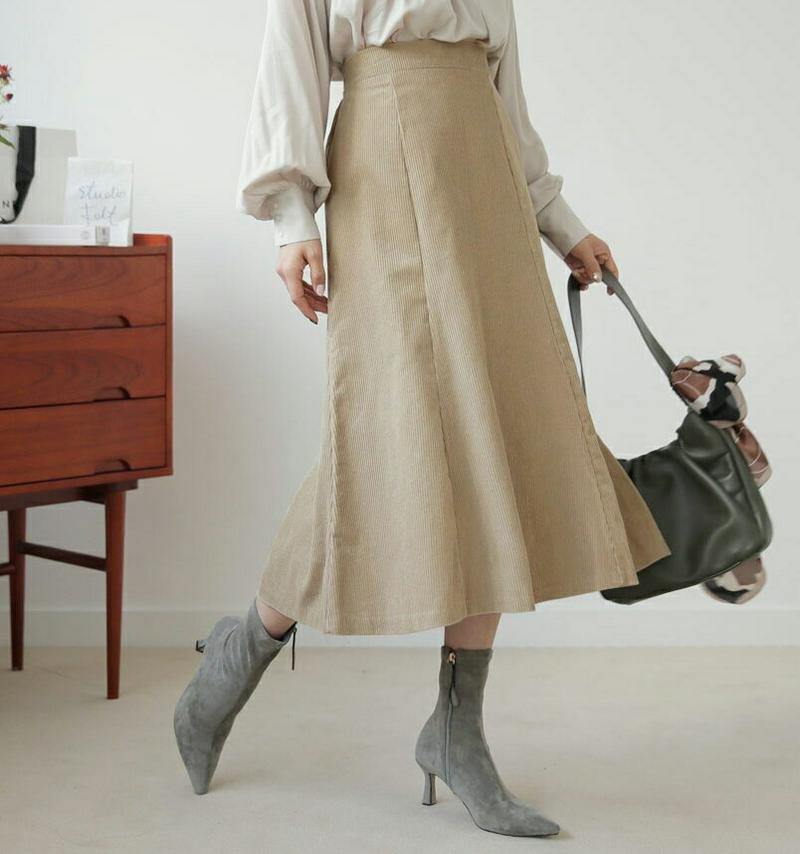 【只今10%OFF】コーデュロイフレアスカート・全2色・t61233 レディース 【sk】【韓国 ファッション ボトムス スカート ロング フレア Aライン ミモレ 無地 シンプル デイリー フェミニン 大人 カジュアル 秋 冬】