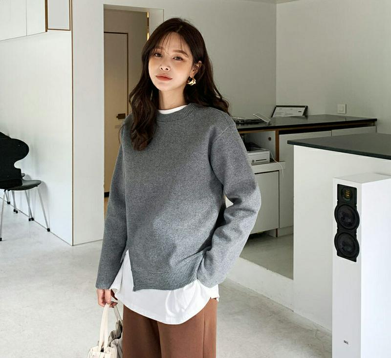 【新作10%OFF】ウールブレンドTシャツ・全2色・b65559 レディース 【tops】【トップス Tシャツ 長袖 ウール 単色 無地 シンプル カジュアル ラフ アンバランス スリット ベーシック 冬 韓国 ファッション】【ハイホリHIHOLLI】