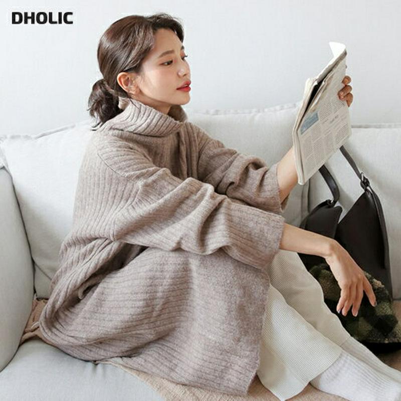 タートルニットワンピース・全4色・t61223 レディース 【ops】【韓国 ファッション ワンピース ロング Hライン ハイネック 長袖 ルーズ ゆったり オーバーサイズ 体型カバー リブニット 無地 カジュアル 秋 冬】