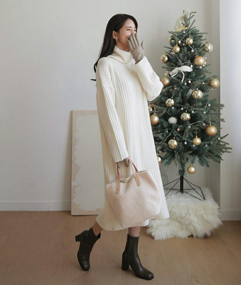 タートルニットワンピース・全4色・t61223 レディース 【ops】【韓国 ファッション ワンピース ロング Hライン ハイネック 長袖 ルーズ ゆったり オーバーサイズ 体型カバー リブニット 無地 カジュアル 秋 冬】