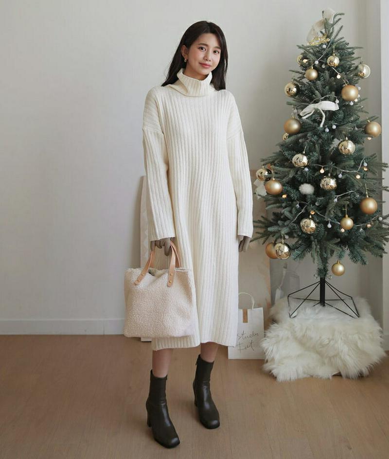 タートルニットワンピース・全4色・t61223 レディース 【ops】【韓国 ファッション ワンピース ロング Hライン ハイネック 長袖 ルーズ ゆったり オーバーサイズ 体型カバー リブニット 無地 カジュアル 秋 冬】