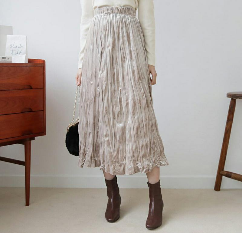 【新作10%OFF】ベロアリンクルスカート・全4色・t61234 レディース 【sk】【韓国 ファッション ボトムス スカート ロング フレア Aライン 無地 ベルベット 光沢 艶 グロッシー しわ加工 上品 大人 カジュアル 秋 冬】