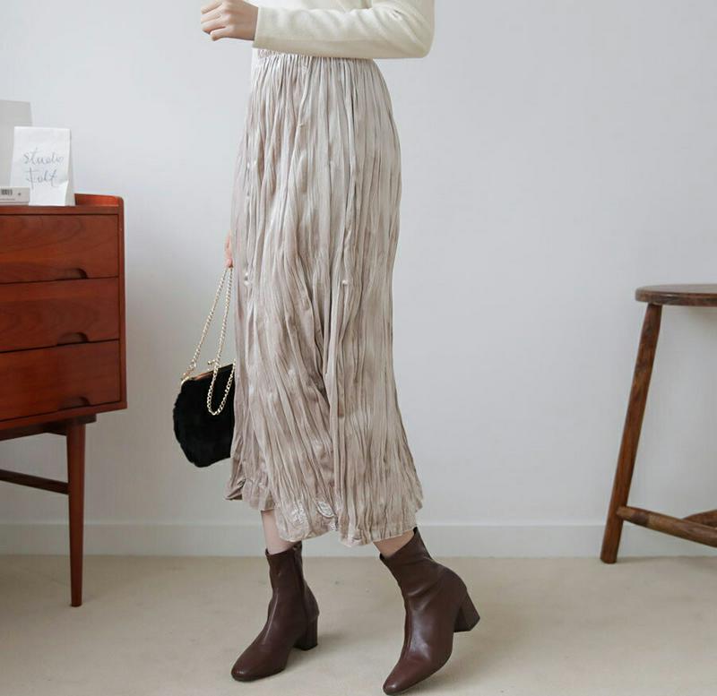 【新作10%OFF】ベロアリンクルスカート・全4色・t61234 レディース 【sk】【韓国 ファッション ボトムス スカート ロング フレア Aライン 無地 ベルベット 光沢 艶 グロッシー しわ加工 上品 大人 カジュアル 秋 冬】