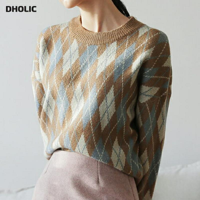 【新作10%OFF】ラウンドアーガイルニット・全3色・t61212 レディース 【tops】【韓国 ファッション トップス ニット ラウンドネック 長袖 ルーズ ゆったり ドロップショルダー パターン 柄 チェック ビンテージ レトロ カジュアル 秋 冬】