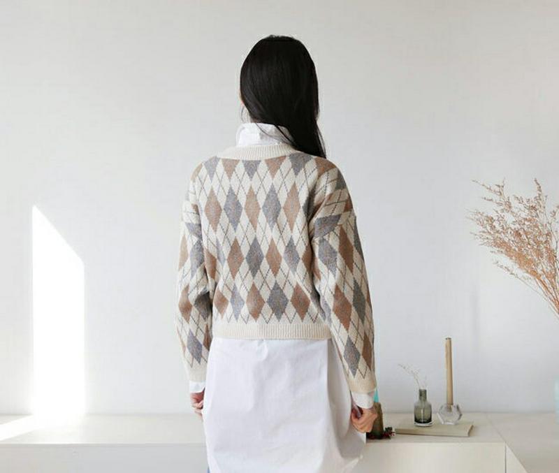 【新作10%OFF】ラウンドアーガイルニット・全3色・t61212 レディース 【tops】【韓国 ファッション トップス ニット ラウンドネック 長袖 ルーズ ゆったり ドロップショルダー パターン 柄 チェック ビンテージ レトロ カジュアル 秋 冬】
