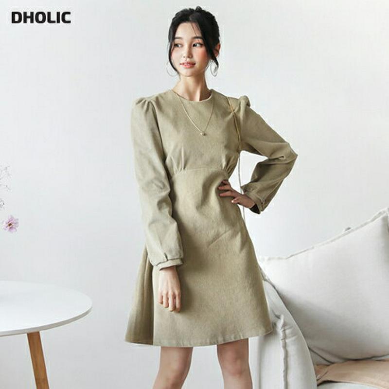 【新作10%OFF】コーデュロイミニワンピース・全2色・t61221 レディース 【ops】【韓国 ファッション ワンピース ミニ ショート Aライン フレア ラウンドネック 長袖 スリム 細身 無地 シンプル ソフト やわらかい 厚手 カジュアル 秋 冬】