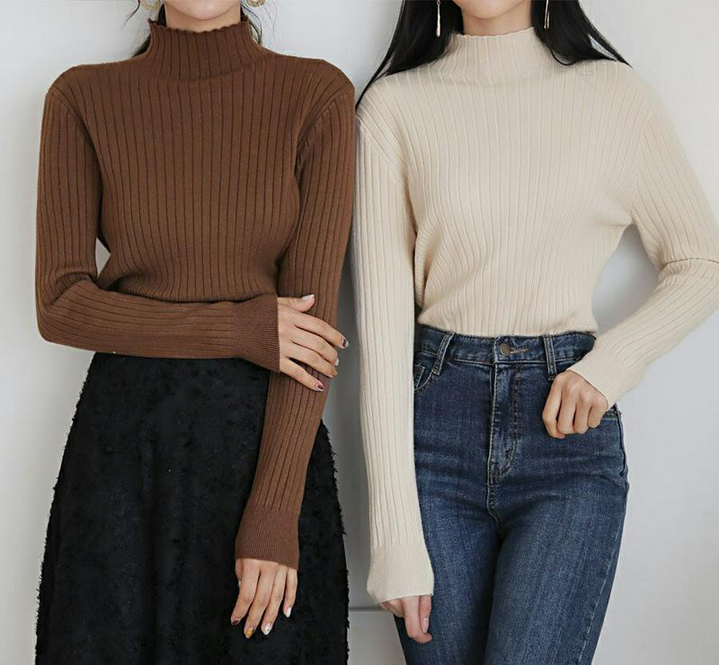 ≪人気商品再入荷≫リブハーフネックニット・全5色・t61211 レディース 【tops】韓国ファッション トップス ニット ハイネック モックネック 長袖 無地 ベーシック デイリー シンプル リブニット カジュアル 秋 冬