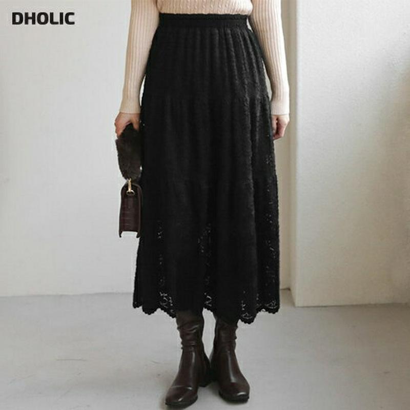 【新作10%OFF】レースティアードスカート・全2色・b65584 レディース 【sk】【スカート ロング ロングスカート ティアード レース 総レース フェミニン 可愛い かわいい ウエストゴム スカラップ 秋 冬 韓国 ファッション】【ハイホリHIHOLLI】