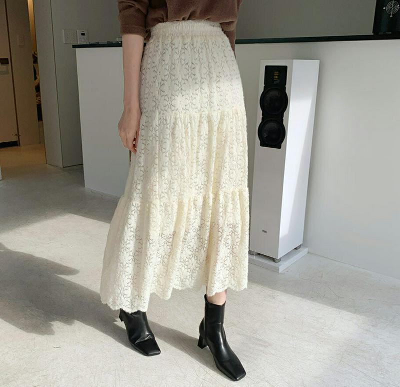 【新作10%OFF】レースティアードスカート・全2色・b65584 レディース 【sk】【スカート ロング ロングスカート ティアード レース 総レース フェミニン 可愛い かわいい ウエストゴム スカラップ 秋 冬 韓国 ファッション】【ハイホリHIHOLLI】