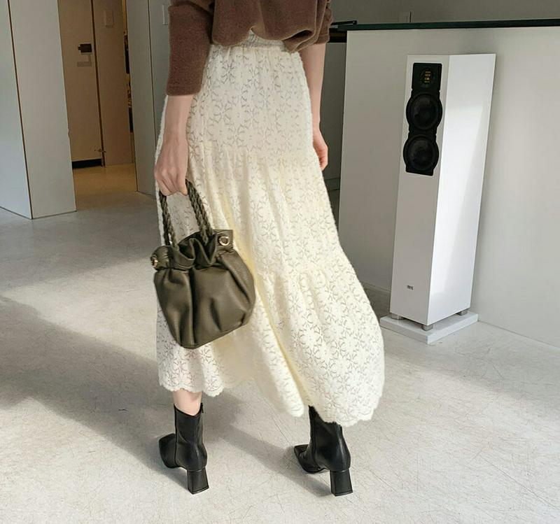 【新作10%OFF】レースティアードスカート・全2色・b65584 レディース 【sk】【スカート ロング ロングスカート ティアード レース 総レース フェミニン 可愛い かわいい ウエストゴム スカラップ 秋 冬 韓国 ファッション】【ハイホリHIHOLLI】