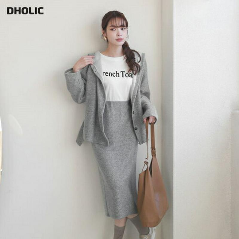 【只今10%OFF】起毛ボタンフーディ&スカートSET・全3色・t65574 レディース 【ops】【セットアップ setup トップス フーディー フード パーカー スカート ミディ丈 シンプル 単色 無地 Hライン ウエストゴム 秋 冬 韓国 ファッション】【ハイホリHIHOLLI】