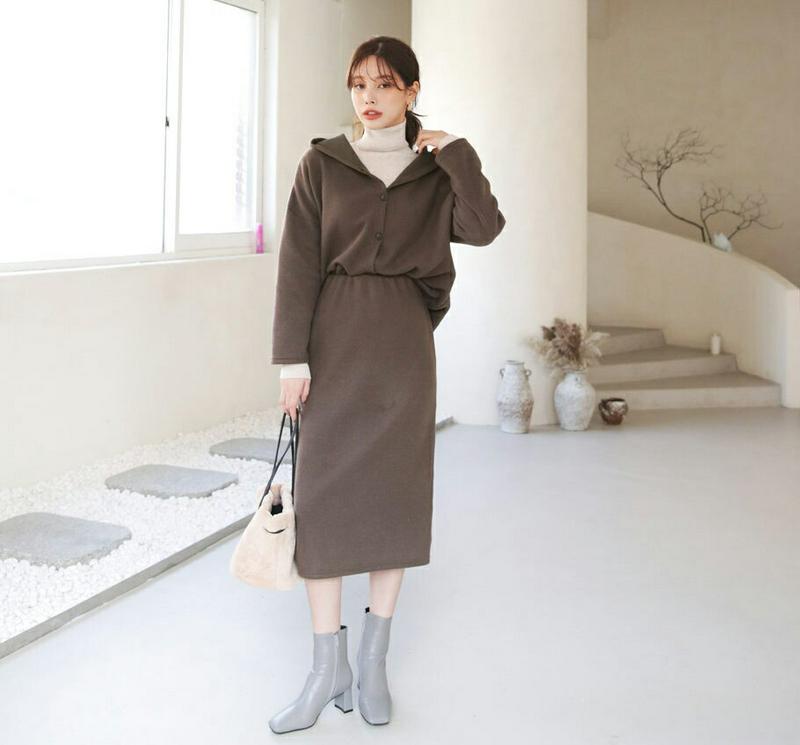 【只今10%OFF】起毛ボタンフーディ&スカートSET・全3色・t65574 レディース 【ops】【セットアップ setup トップス フーディー フード パーカー スカート ミディ丈 シンプル 単色 無地 Hライン ウエストゴム 秋 冬 韓国 ファッション】【ハイホリHIHOLLI】