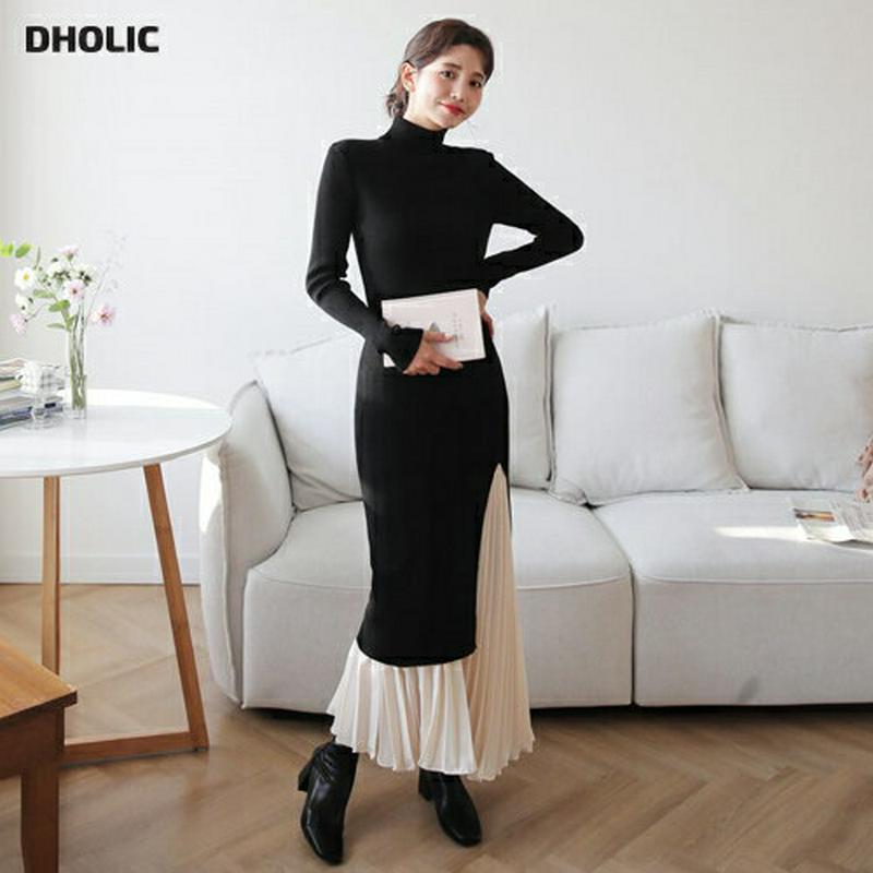 【新作10%OFF】ハイネックニットワンピース・全3色・b61225 レディース 【ops】【韓国 ファッション ワンピース ロング Hライン ハイネック 長袖 スリム 細身 タイト スリット セクシー リブニット 無地 カジュアル 秋 冬】