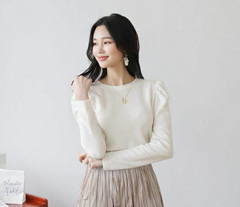 【新作10%OFF】パールパフTシャツ・全3色・t61206 レディース 【tops】【韓国 ファッション トップス Tシャツ カットソー ラウンドネック 無地 パール パフスリーブ 大人 上品 カジュアル 秋 冬】