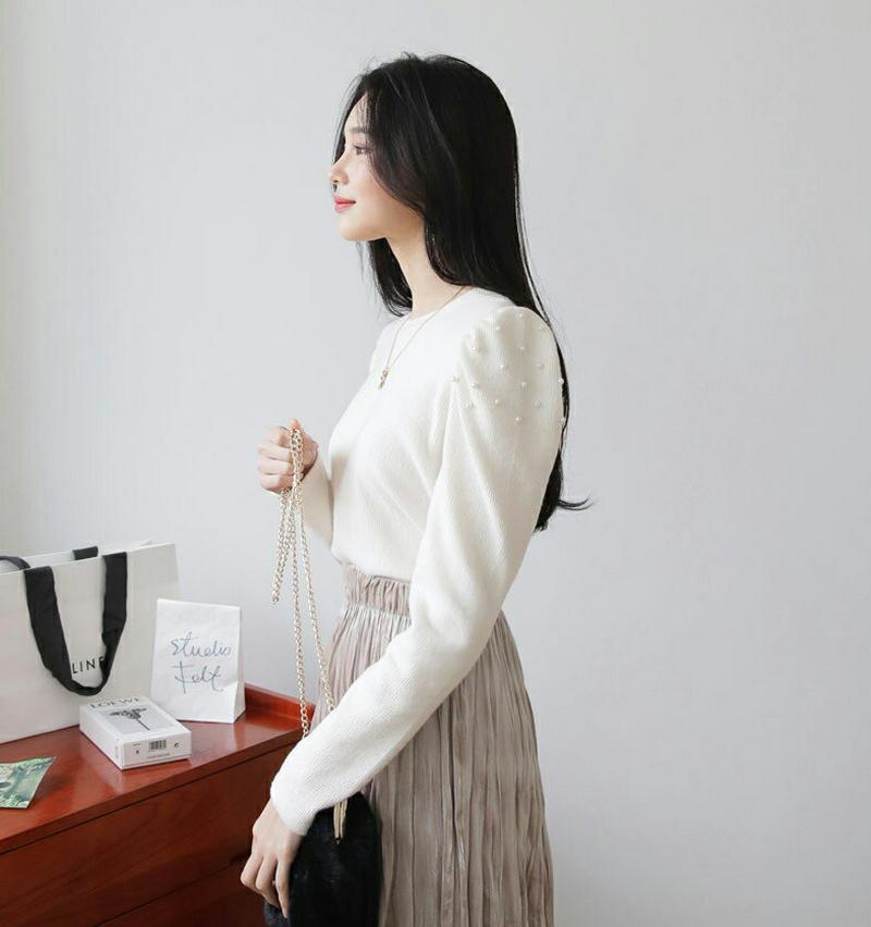 【新作10%OFF】パールパフTシャツ・全3色・t61206 レディース 【tops】【韓国 ファッション トップス Tシャツ カットソー ラウンドネック 無地 パール パフスリーブ 大人 上品 カジュアル 秋 冬】