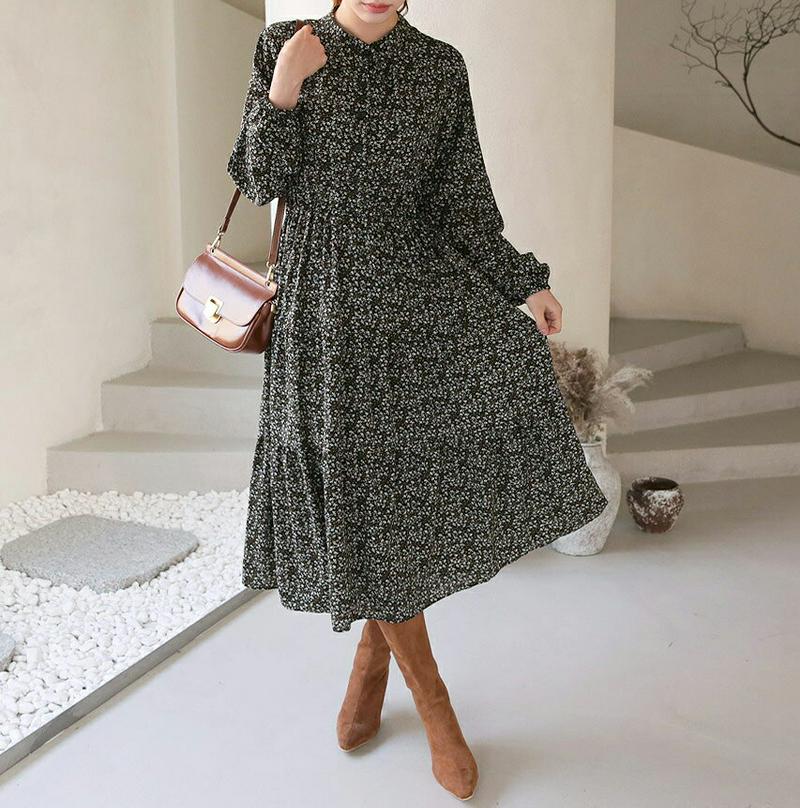 【新作10%OFF】花柄シフォンワンピース・全2色・b65668 レディース 【ops】【ワンピース ロング ロングワンピース 長袖 シフォン 花柄 フラワー フェミニン 大人 可愛い かわいい 秋 冬 韓国 ファッション】【ハイホリHIHOLLI】