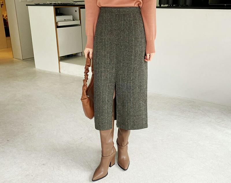 【新作10%OFF】ヘリンボーンスカート・全2色・b65666 レディース 【sk】【スカート ロング ロングスカート ヘリンボーン 大人 シック Hライン スリット 秋 冬 韓国 ファッション】【ハイホリHIHOLLI】