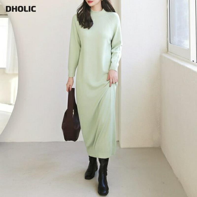 【新作10%OFF】ハーフネックニットワンピース・全3色・b65572 レディース 【ops】【ワンピース ロング ロングワンピース 長袖 ニット ニットワンピース ハーフネック 単色 無地 シンプル パステル Hライン 秋 冬 韓国 ファッション】【ハイホリHIHOLLI】