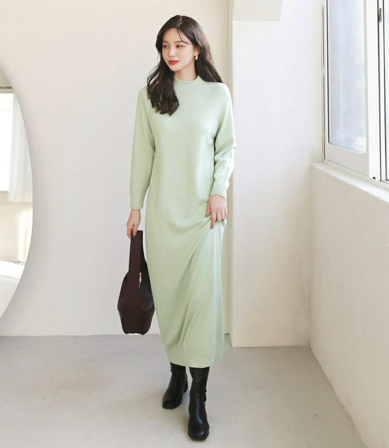 【新作10%OFF】ハーフネックニットワンピース・全3色・b65572 レディース 【ops】【ワンピース ロング ロングワンピース 長袖 ニット ニットワンピース ハーフネック 単色 無地 シンプル パステル Hライン 秋 冬 韓国 ファッション】【ハイホリHIHOLLI】