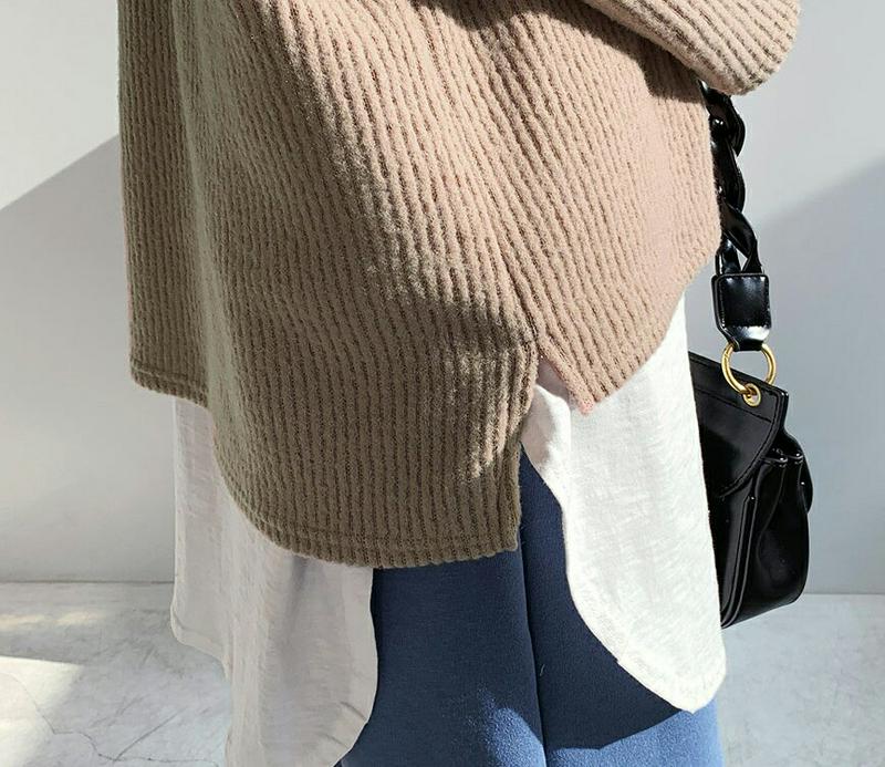 【新作10%OFF】リブラウンドニット・全4色・t65556 レディース 【tops】【トップス ニット ニットトップス 長袖 単色 無地 シンプル リブ リブトップス アンバランス カジュアル ラフ 大人 秋 冬 韓国 ファッション】【ハイホリHIHOLLI】