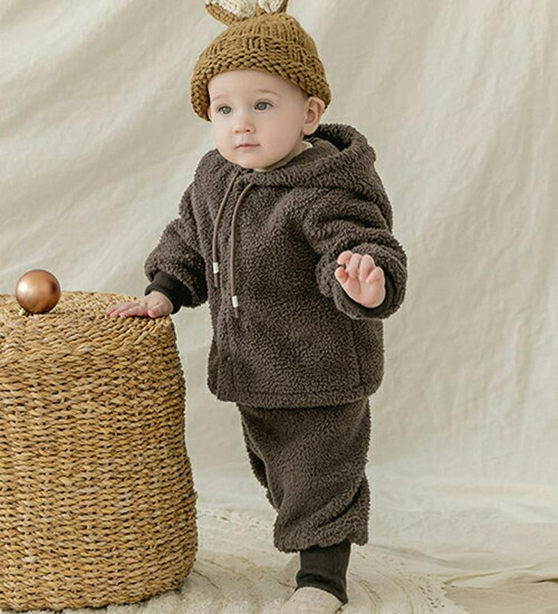 ボアジャンパー上下SET(brown)・p010052 キッズ【0~2才】【set】【セットアップ setup トップス パーカー パンツ ズボン ボア フーディー フード フーディ 単色 シンプル 女の子 男の子 冬 韓国 韓国子供服 子供 こども 子供服 こども服】【KIDS】