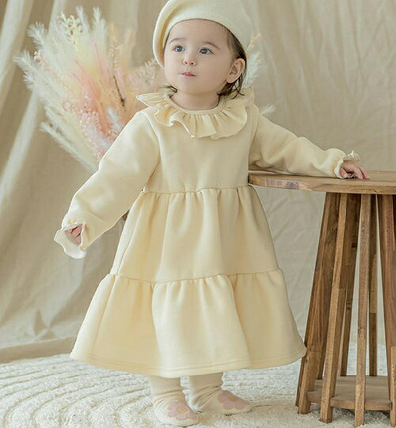 裏起毛バックボタンフリルワンピース(cream)・p010036 キッズ【0~2才】【ops】【ワンピース ロング ロングワンピース 長袖 フリル 裏起毛 可愛い かわいい ガーリー 女の子 冬 韓国 韓国子供服 子供 こども 子供服 こども服】【KIDS】