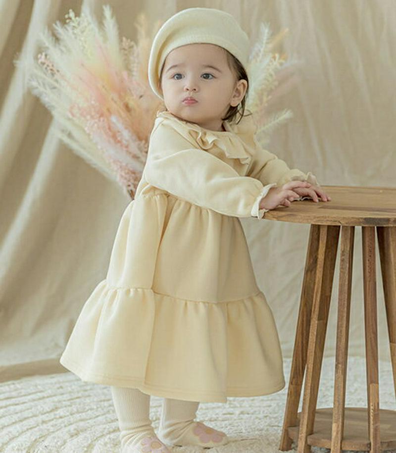 裏起毛バックボタンフリルワンピース(cream)・p010036 キッズ【0~2才】【ops】【ワンピース ロング ロングワンピース 長袖 フリル 裏起毛 可愛い かわいい ガーリー 女の子 冬 韓国 韓国子供服 子供 こども 子供服 こども服】【KIDS】