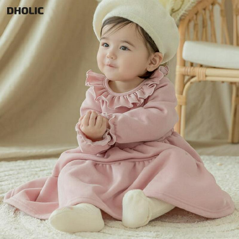裏起毛バックボタンフリルワンピース(pink)・p010031 キッズ【0~2才】【ops】【ワンピース ロング ロングワンピース 長袖 フリル 裏起毛 可愛い かわいい ガーリー 女の子 冬 韓国 韓国子供服 子供 こども 子供服 こども服】【KIDS】