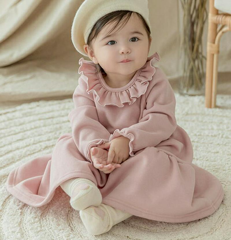 裏起毛バックボタンフリルワンピース(pink)・p010031 キッズ【0~2才】【ops】【ワンピース ロング ロングワンピース 長袖 フリル 裏起毛 可愛い かわいい ガーリー 女の子 冬 韓国 韓国子供服 子供 こども 子供服 こども服】【KIDS】