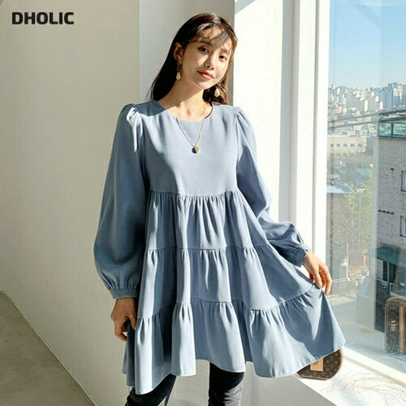 【只今10%OFF】ティアードミニワンピース・全3色・t64623 レディース 【ops】【韓国 ファッション ワンピース ショート ミニ Aライン フレア ラウンドネック 長袖 パフスリーブ 無地 チュニック カジュアル 秋 冬】