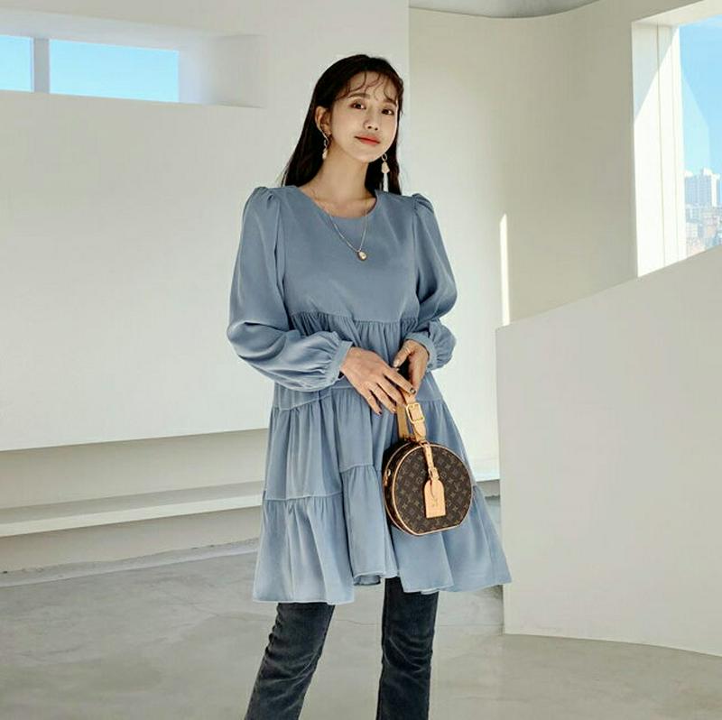 【只今10%OFF】ティアードミニワンピース・全3色・t64623 レディース 【ops】【韓国 ファッション ワンピース ショート ミニ Aライン フレア ラウンドネック 長袖 パフスリーブ 無地 チュニック カジュアル 秋 冬】