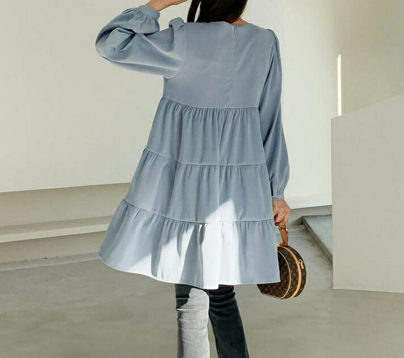 【只今10%OFF】ティアードミニワンピース・全3色・t64623 レディース 【ops】【韓国 ファッション ワンピース ショート ミニ Aライン フレア ラウンドネック 長袖 パフスリーブ 無地 チュニック カジュアル 秋 冬】