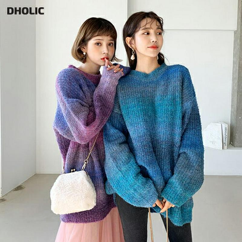 グラデーションニット・全2色・t64618 レディース 【tops】【韓国 ファッション トップス ニット ラウンドネック 長袖 ロングスリーブ ルーズ ゆったり オーバーサイズ ドロップショルダー 体型カバー カラーミックス タイダイ風 ユニーク 秋 冬】