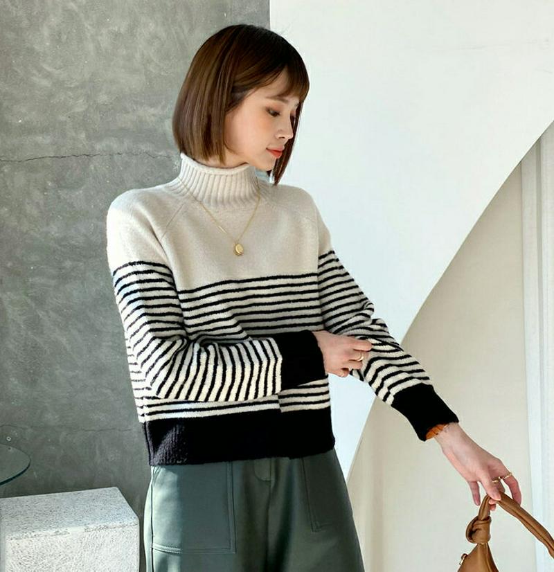 【只今10%OFF】ハイネックボーダーニット・全3色・t64612 レディース 【tops】【韓国 ファッション トップス ニット ハーフネック 長袖 ラグランスリーブ ルーズ ゆったり ロングスリーブ パターン 柄 カジュアル 秋 冬】