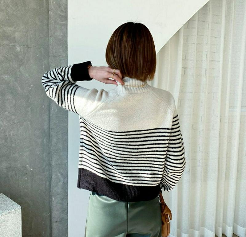 【只今10%OFF】ハイネックボーダーニット・全3色・t64612 レディース 【tops】【韓国 ファッション トップス ニット ハーフネック 長袖 ラグランスリーブ ルーズ ゆったり ロングスリーブ パターン 柄 カジュアル 秋 冬】