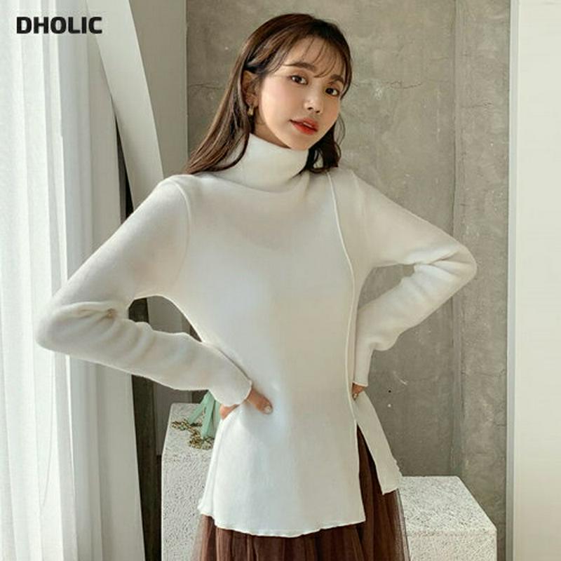 【只今10%OFF】ダイアゴナルラインハイネックニット・全2色・b64611 レディース 【tops】【韓国 ファッション トップス ニット 長袖 ロングスリーブ フロントスリット スリム 細身 タイト ユニーク 無地 フェミニン ハイゲージ カジュアル 秋 冬】