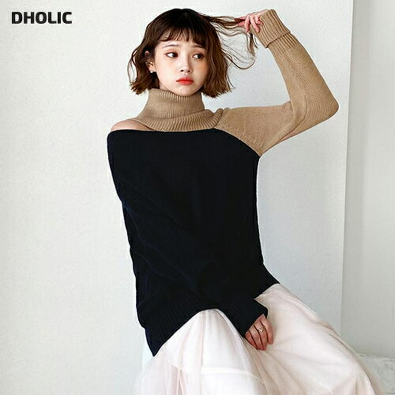配色スリットタートルニット・全3色・t64631 レディース 【tops】【韓国 ファッション トップス ニット ハイネック 長袖 ルーズ ユニークで 肩スリット オープンショルダー 肩出し 肌見せ カジュアル 秋 冬】